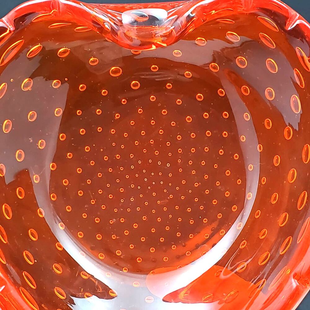 Vtg Art Glass Heart Bowl Candy Dish Bullicante Orange Controlled Bubble MCM